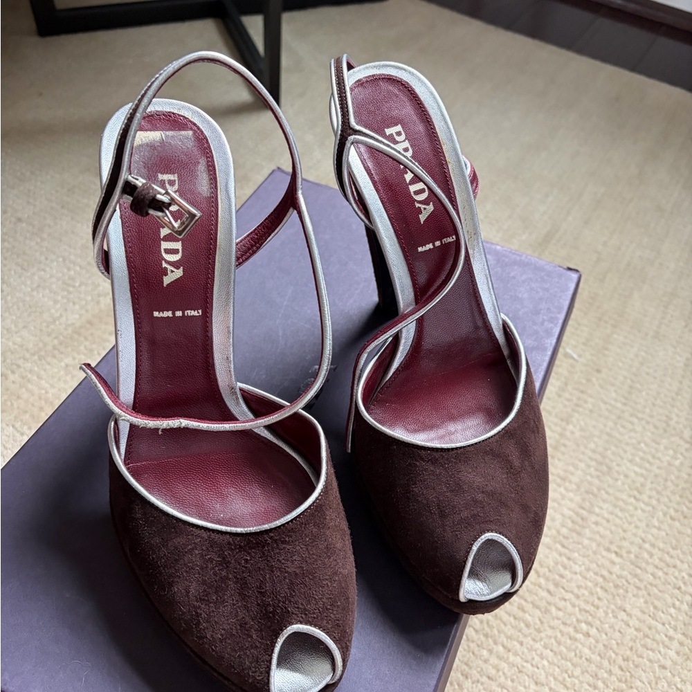 Bintage Prada Brown Suede Peep-Toe Platform Heels with Ankle Strap - Picture 7 of 7